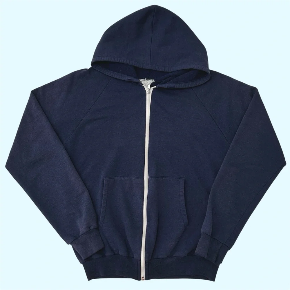 Vintage 80s 90s Blank Full Zip Hoodie Faded Navy Small - Picture 1 of 5
